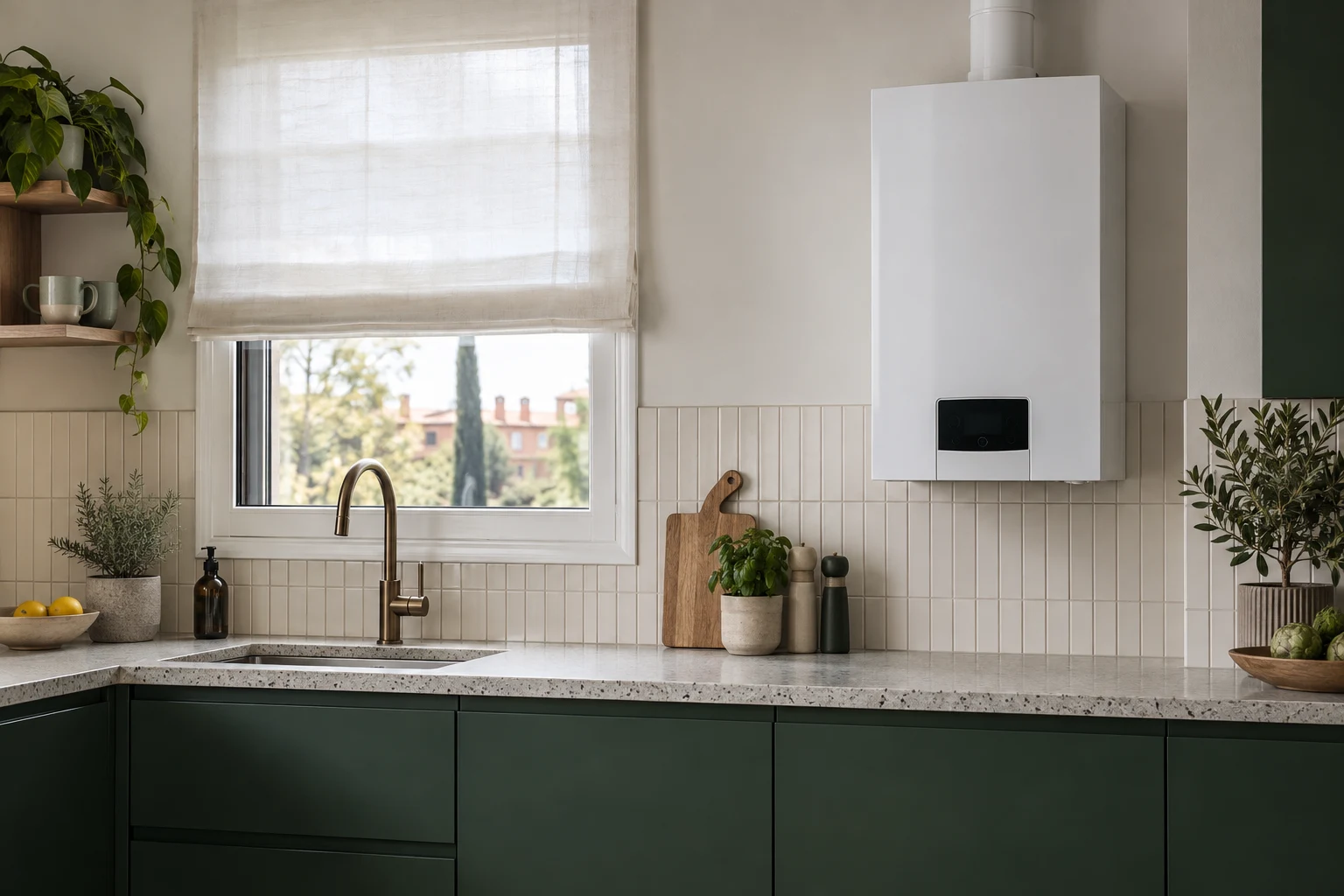 Visualización de caldera blanca en cocina verde con ventana y encimera de terrazo para servicio en Alameda de Osuna — reparacioncalderas.madrid