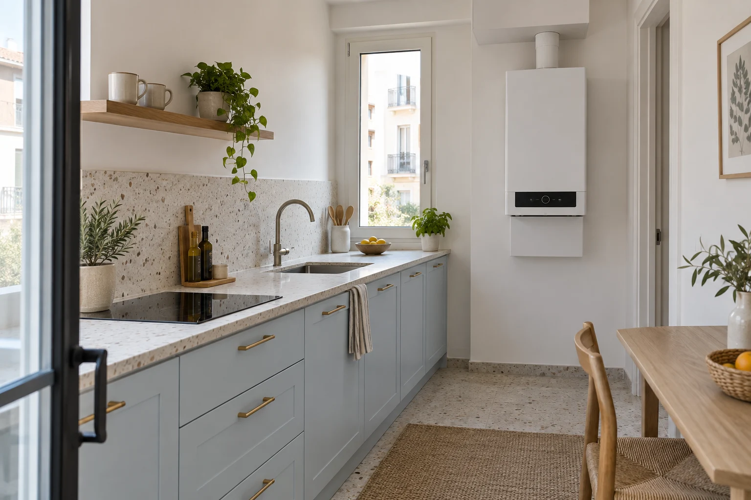 Visualización de caldera mural integrada en cocina con muebles azules y encimera de terrazo — reparacioncalderas.madrid