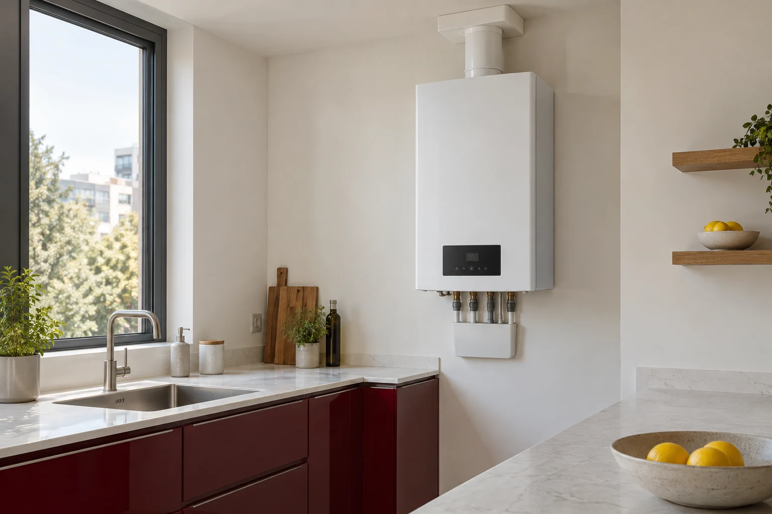 Visualización de una caldera mural completa en cocina con muebles burdeos y ventana — reparacioncalderas.madrid