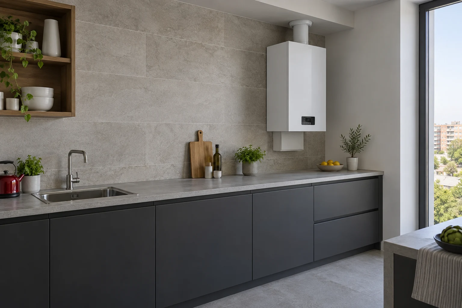 Visualización de caldera mural en cocina de piedra gris con muebles carbón y ventana vertical — reparacioncalderas.madrid