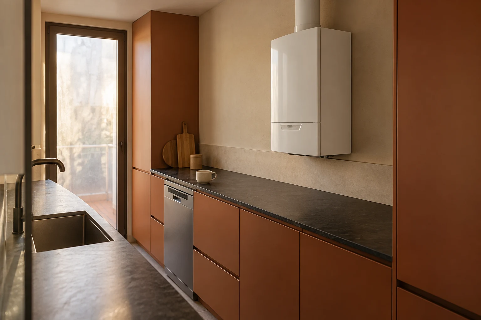 Visualización de caldera blanca en cocina de muebles teja y encimera oscura para servicio en Arganzuela — reparacioncalderas.madrid