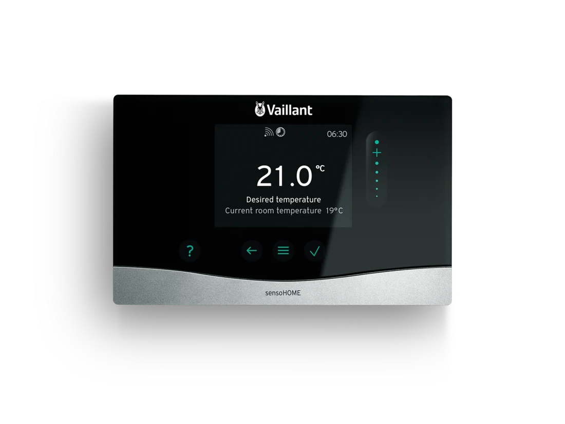 Control Vaillant sensoHOME con temperatura deseada y temperatura ambiente en pantalla — reparacioncalderas.madrid