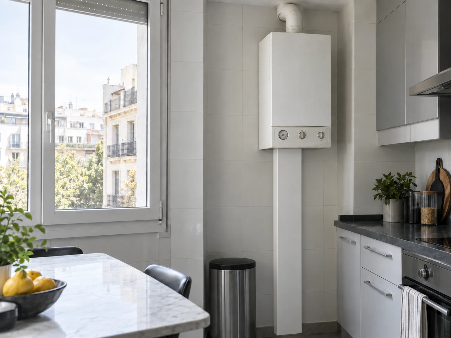 Ambiente ilustrativo de una caldera antigua en una cocina, sin representar un modelo concreto — reparacioncalderas.madrid