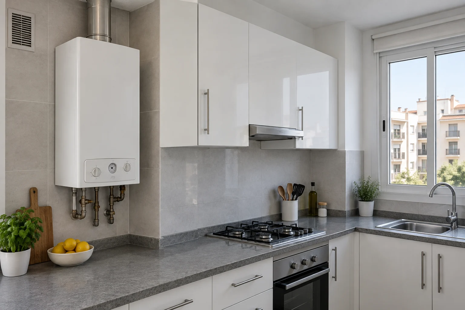 Visualización de una caldera antigua cerrada en una cocina con ventilación visible — reparacioncalderas.madrid