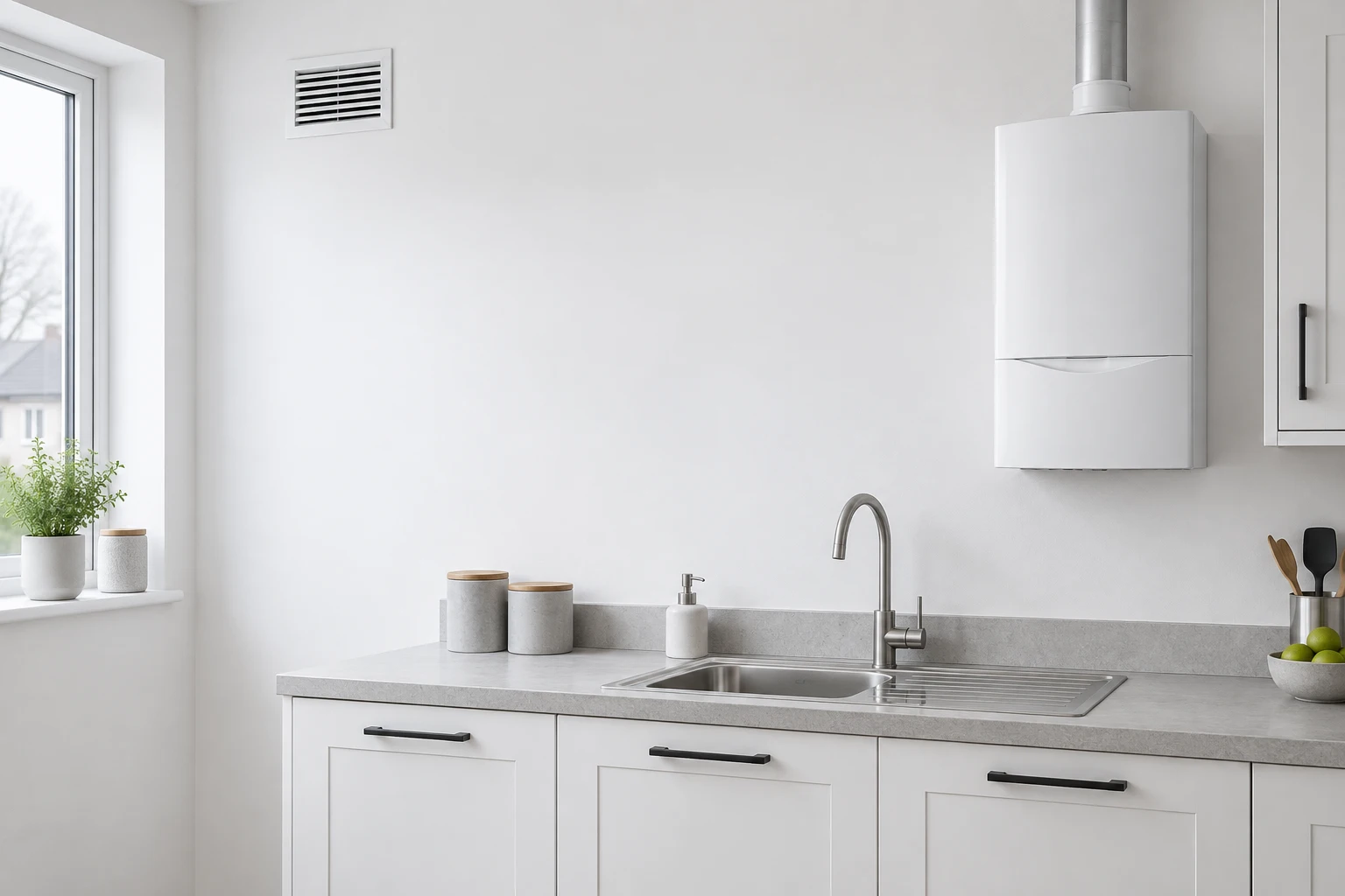 Cocina ilustrativa con caldera de carcasa cerrada y entorno accesible, sin personas — reparacioncalderas.madrid
