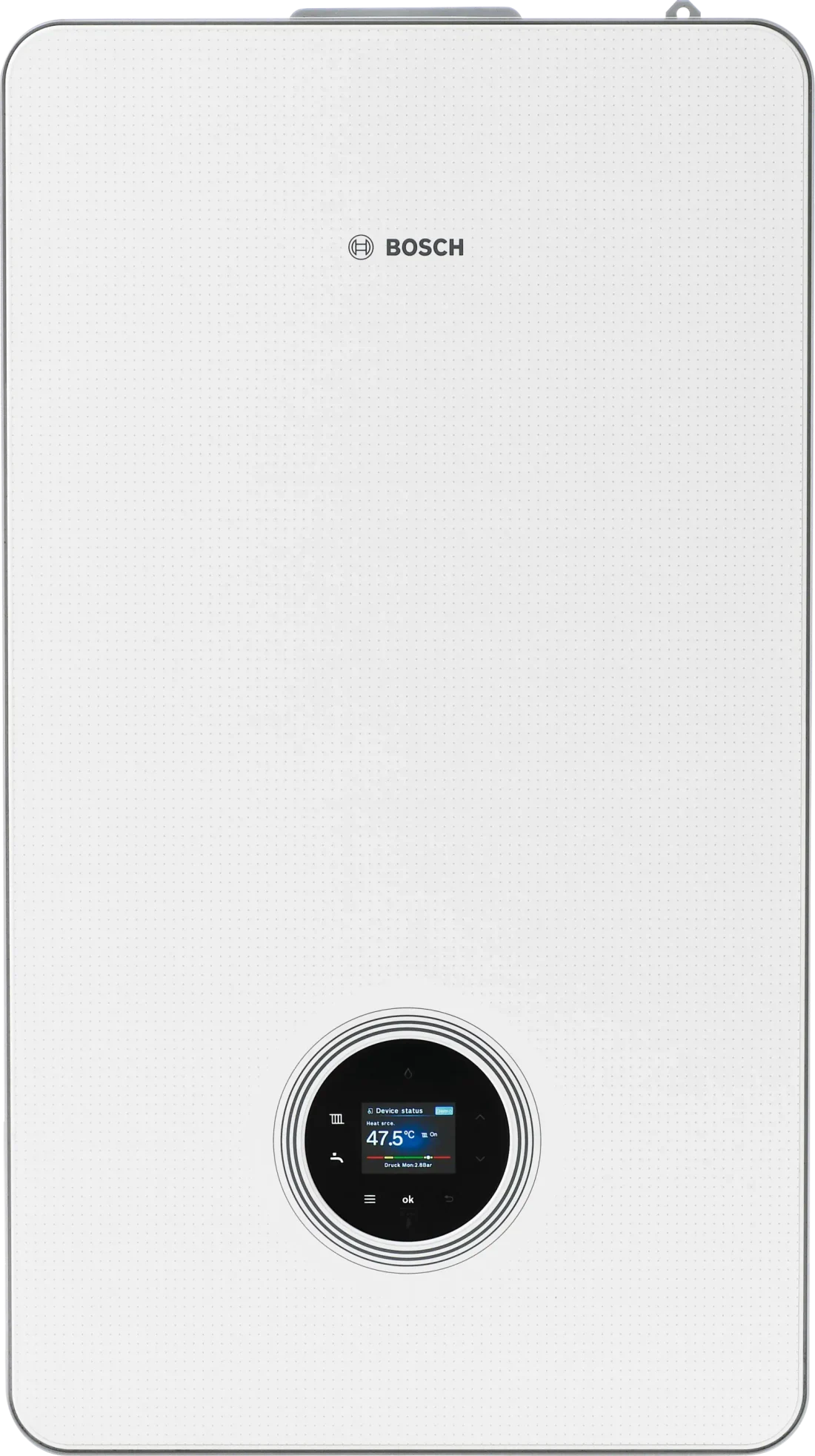 Vista frontal de caldera Bosch Condens 8700i W blanca con pantalla — reparacioncalderas.madrid