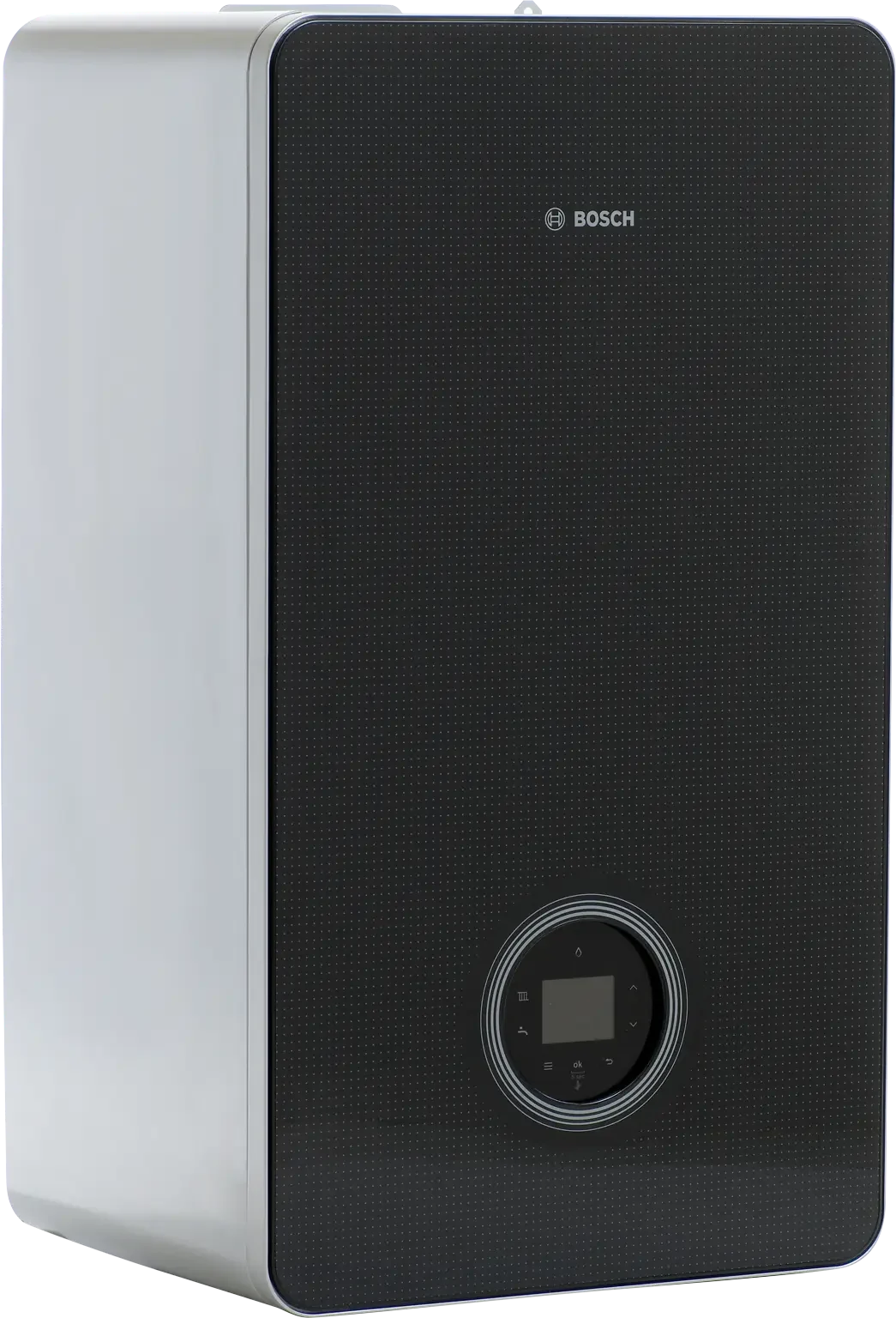 Vista lateral de caldera Bosch Condens 8700i W con frontal negro — reparacioncalderas.madrid