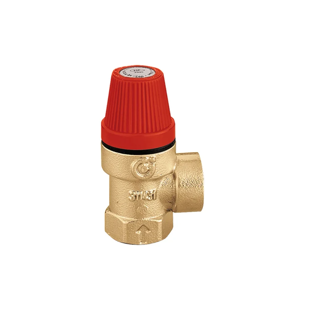 Válvula de seguridad Caleffi 311431 con mando rojo y conexión de descarga — reparacioncalderas.madrid