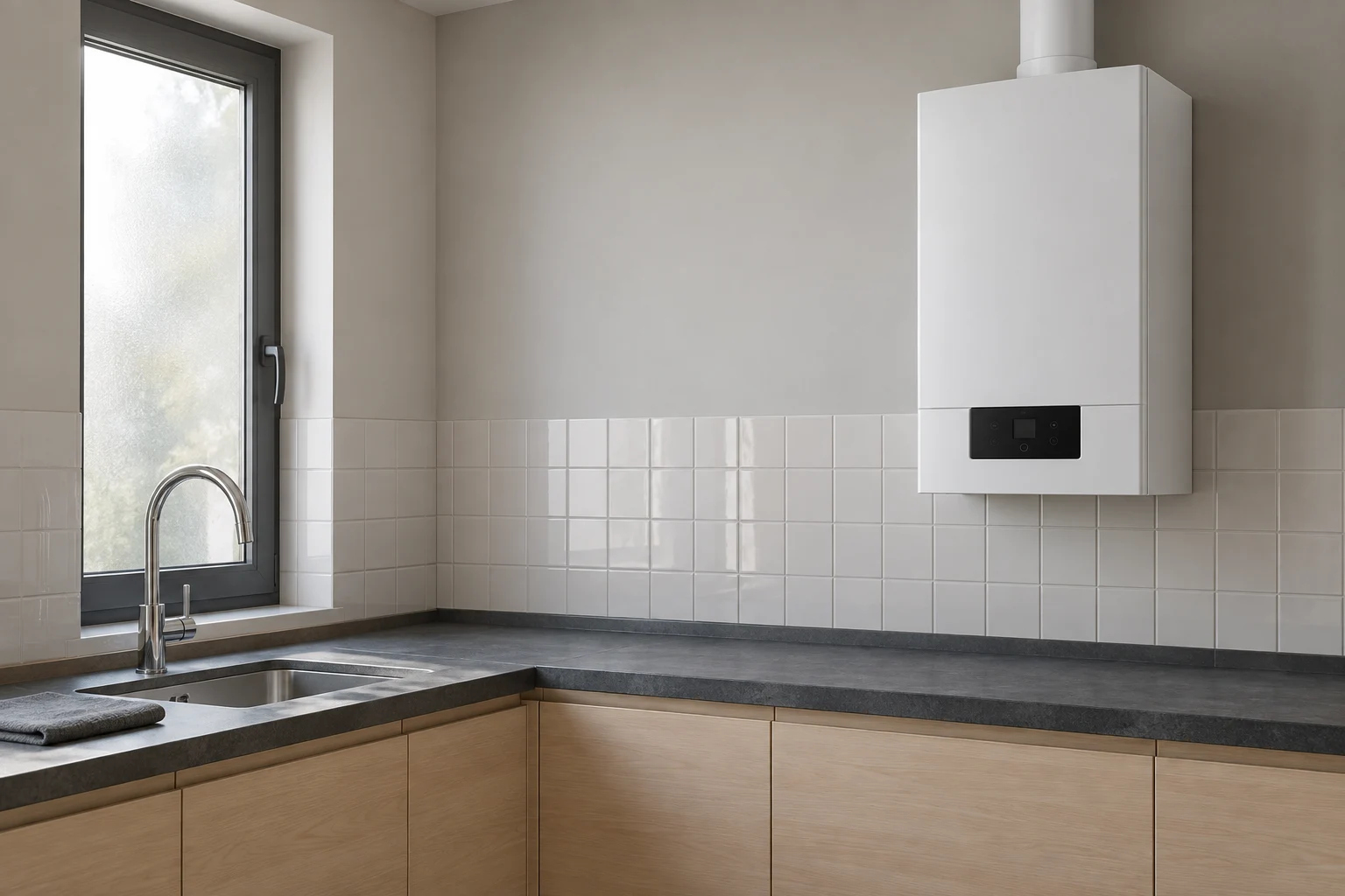 Visualización de caldera blanca en cocina con muebles de madera clara y encimera gris para reparación en Carabanchel — reparacioncalderas.madrid