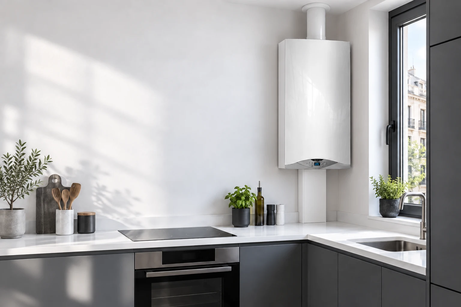 Ambiente ilustrativo con CARES Premium en una cocina blanca y gris sin personas — reparacioncalderas.madrid