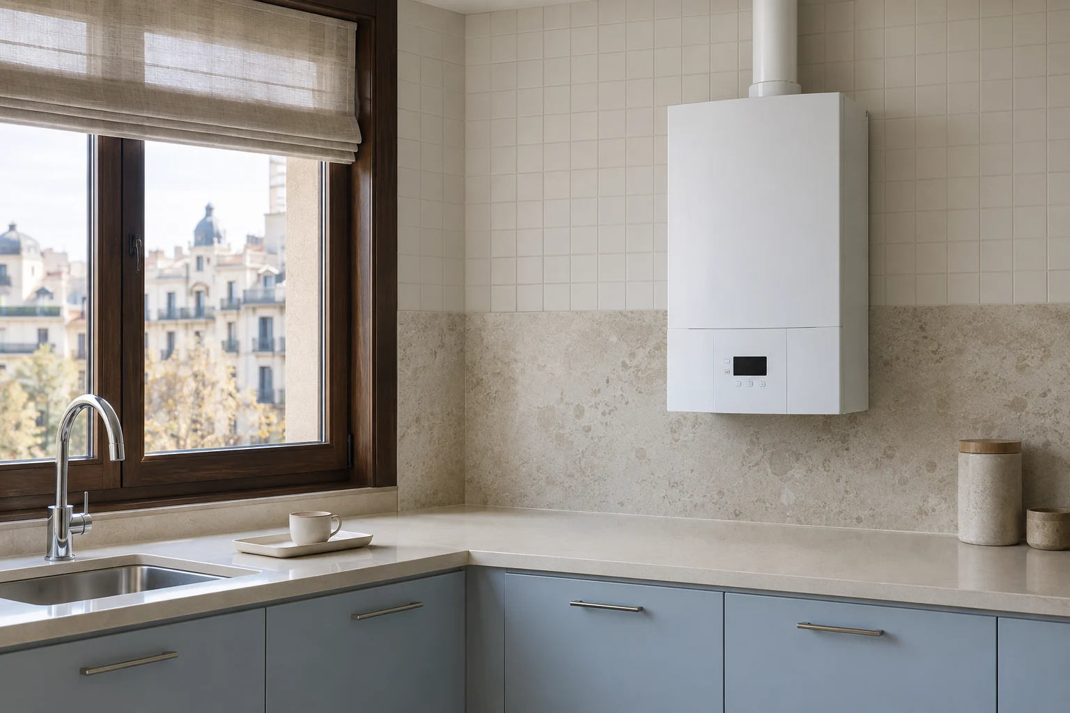 Visualización de caldera blanca en cocina azul gris junto a ventana de madera para servicio en Castellana — reparacioncalderas.madrid