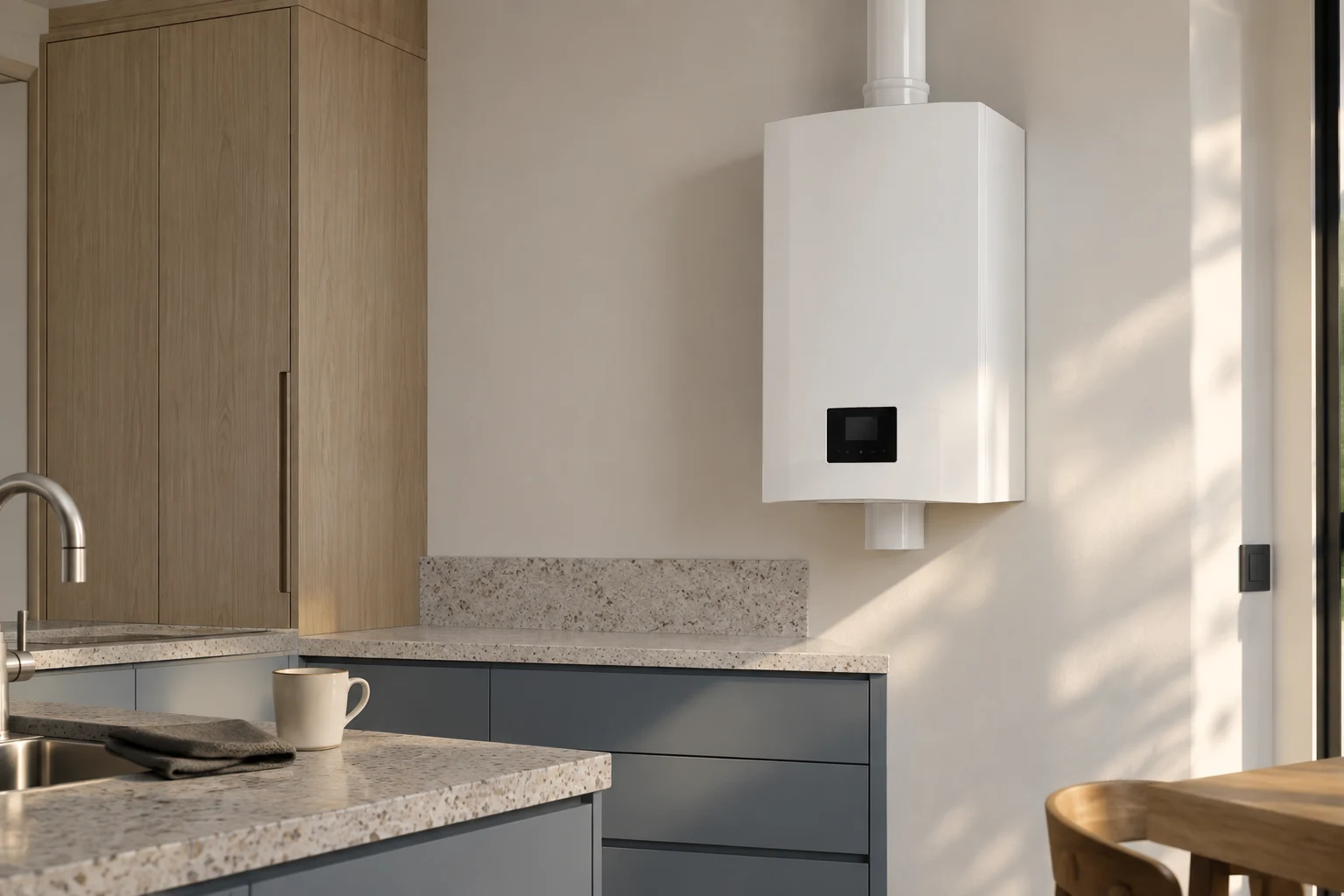 Visualización de caldera blanca en cocina con muebles azul pizarra, madera y terrazo para reparación y sustitución en Chamartín — reparacioncalderas.madrid