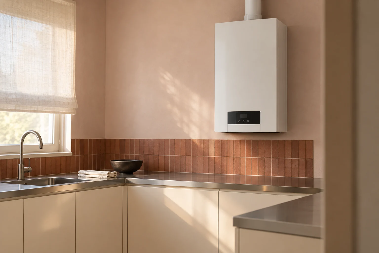 Visualización de caldera blanca en cocina marfil con encimera de acero y azulejos terracota para servicio en Chamberí — reparacioncalderas.madrid