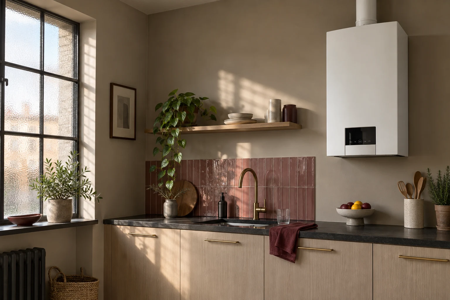 Visualización de caldera blanca en cocina de madera clara con fregadero y ventana para servicio en Ciudad Lineal — reparacioncalderas.madrid