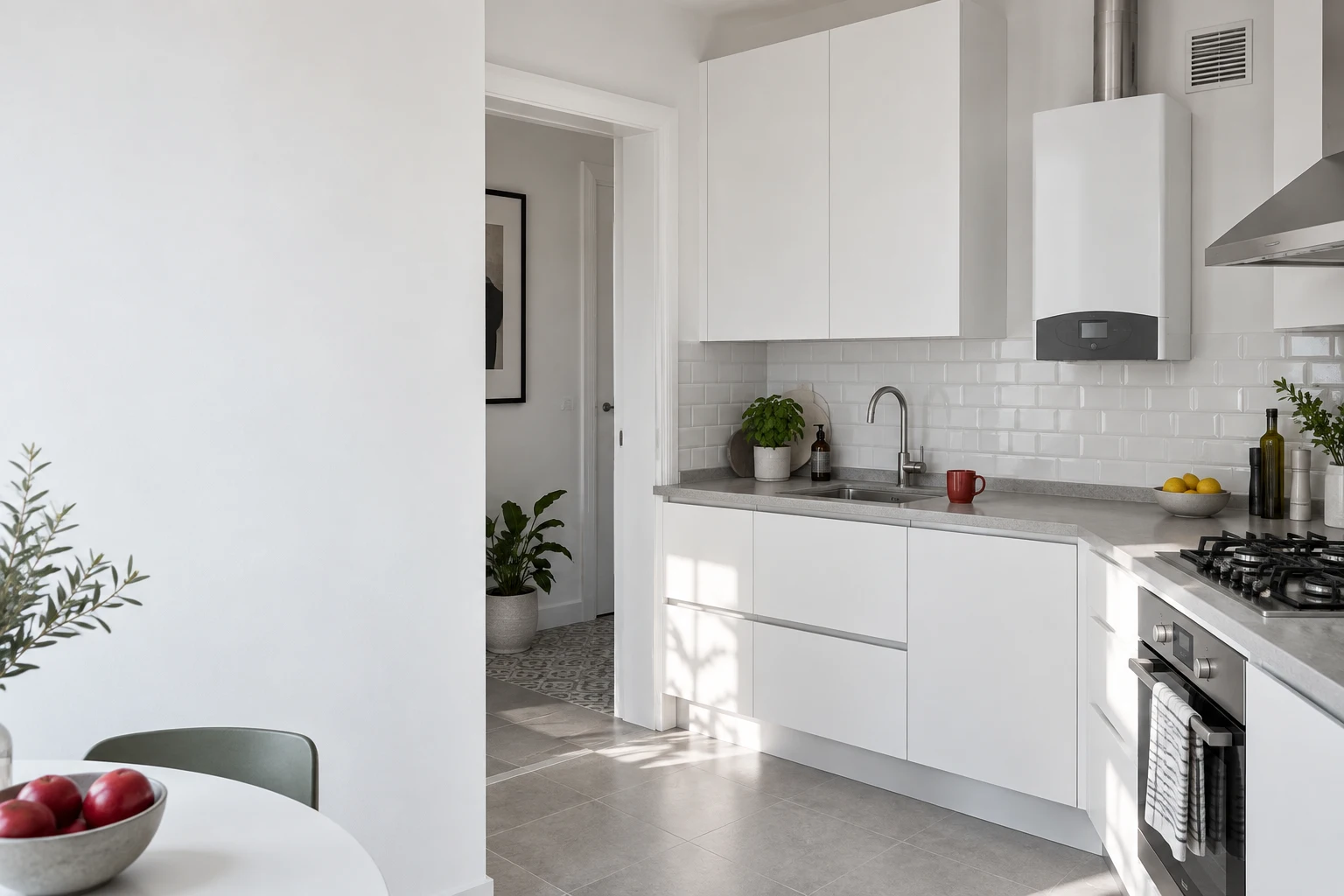Ambiente ilustrativo de cocina blanca con caldera mural y panel gris, sin personas — reparacioncalderas.madrid