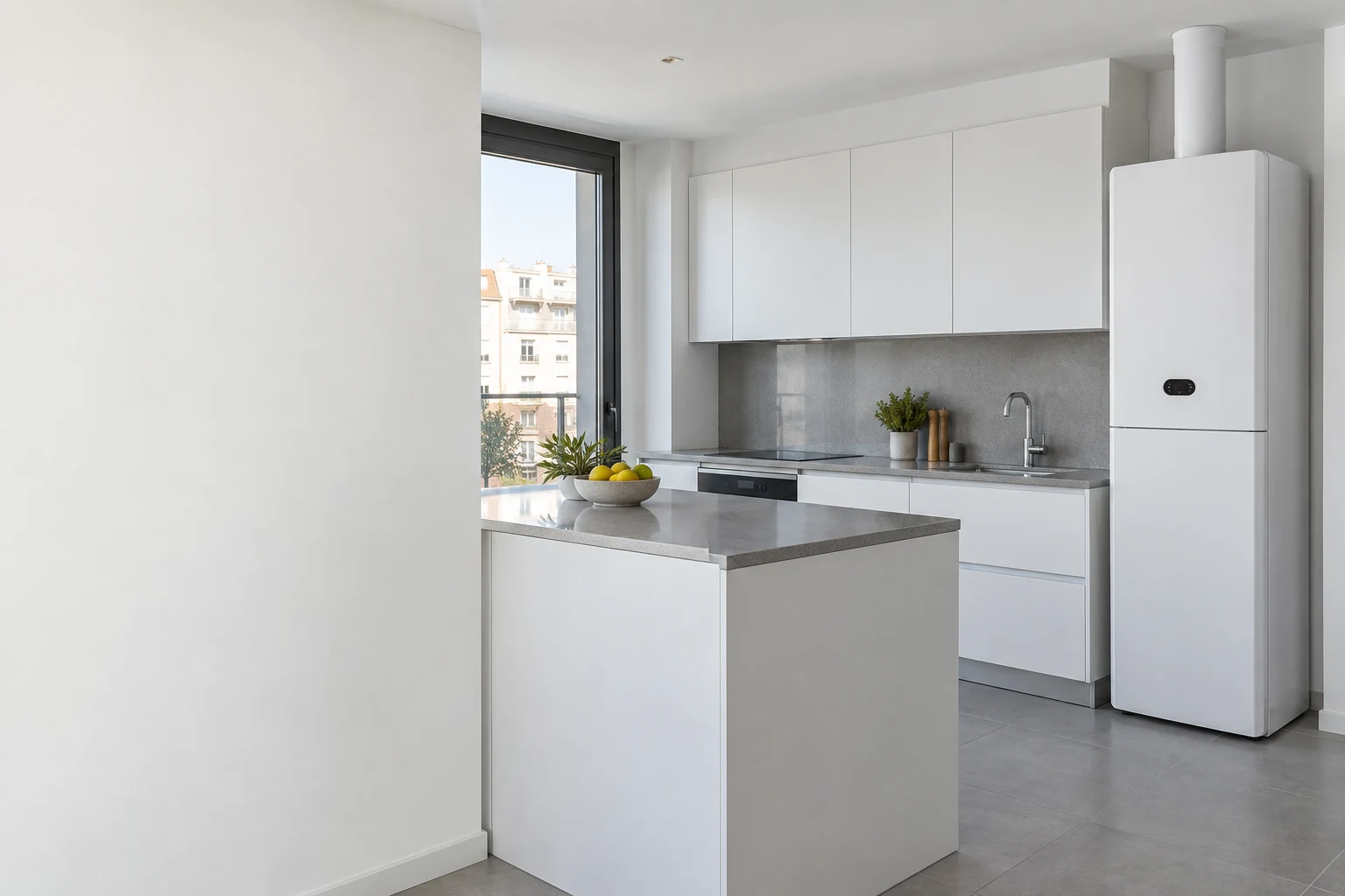Ambiente ilustrativo de cocina con conjunto vertical de caldera y acumulación, sin personas — reparacioncalderas.madrid