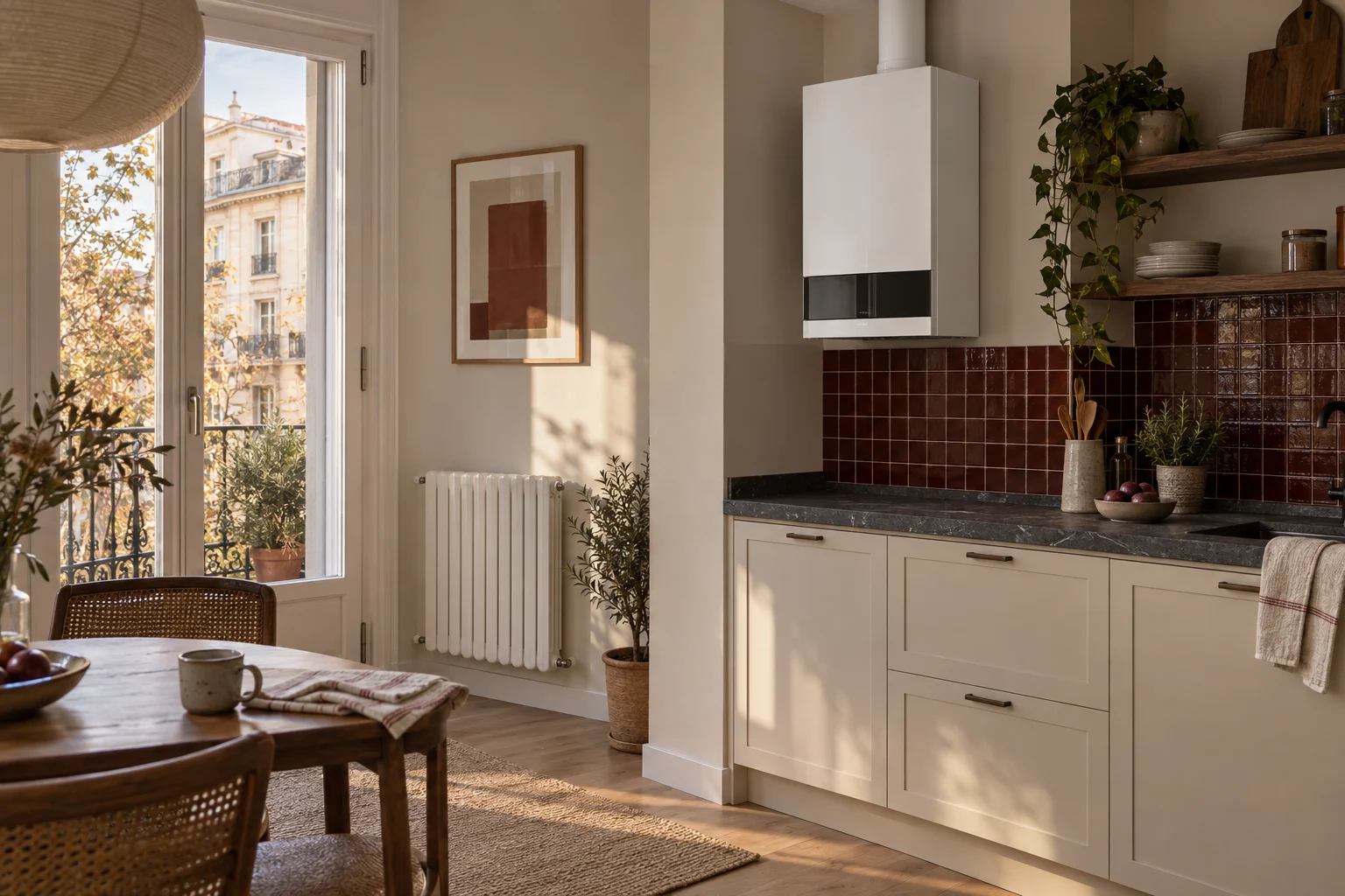 Visualización de caldera y radiador en cocina con comedor para servicio de calefacción en La Concepción — reparacioncalderas.madrid