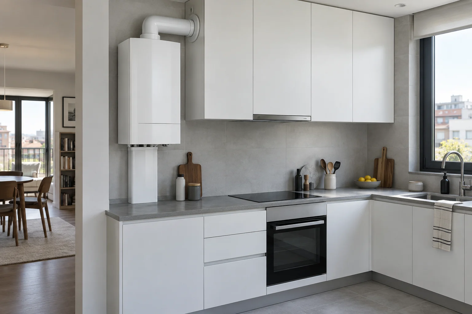 Visualización de una caldera cerrada instalada en una cocina contemporánea gris y blanca — reparacioncalderas.madrid