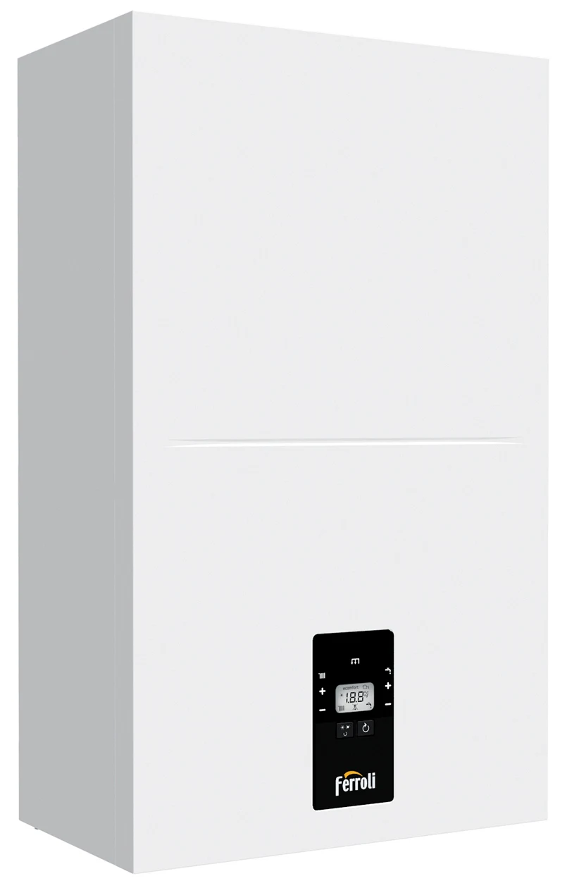 Frontal y panel de una Ferroli BLUEHELIX ALPHA de referencia — reparacioncalderas.madrid