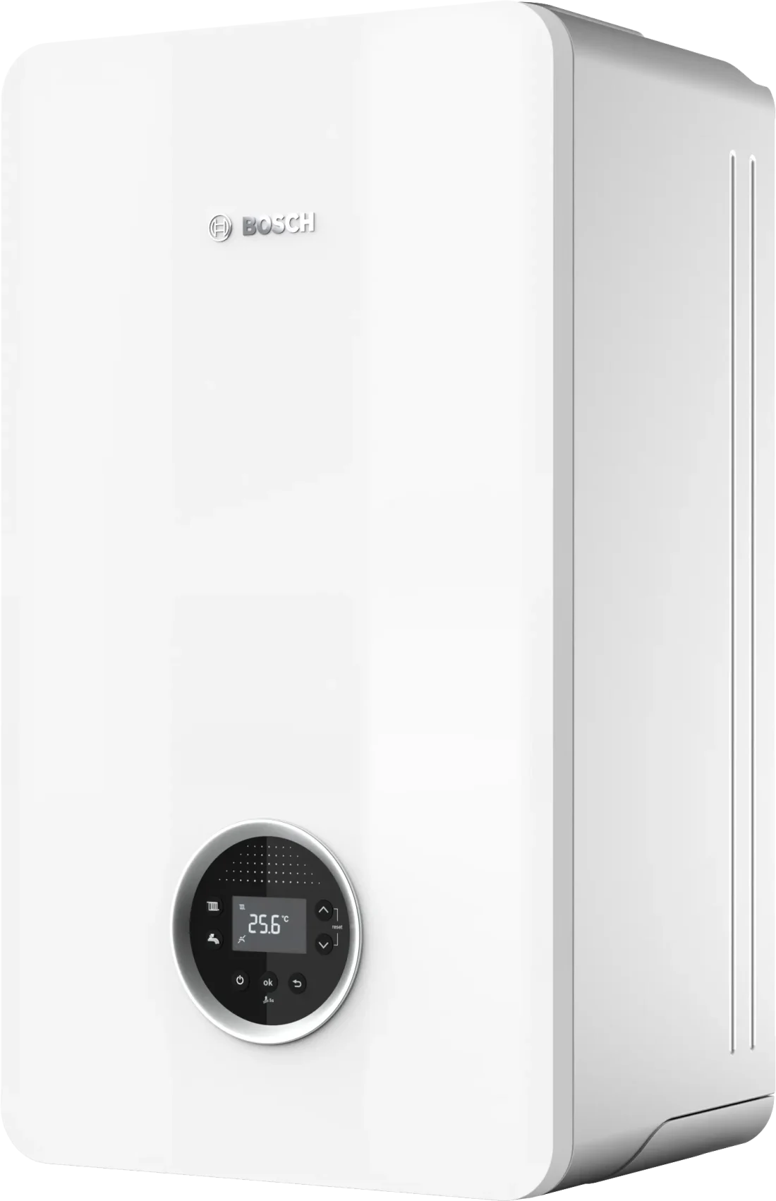 Caldera Bosch Condens 4300i W cerrada con su pantalla frontal visible — reparacioncalderas.madrid