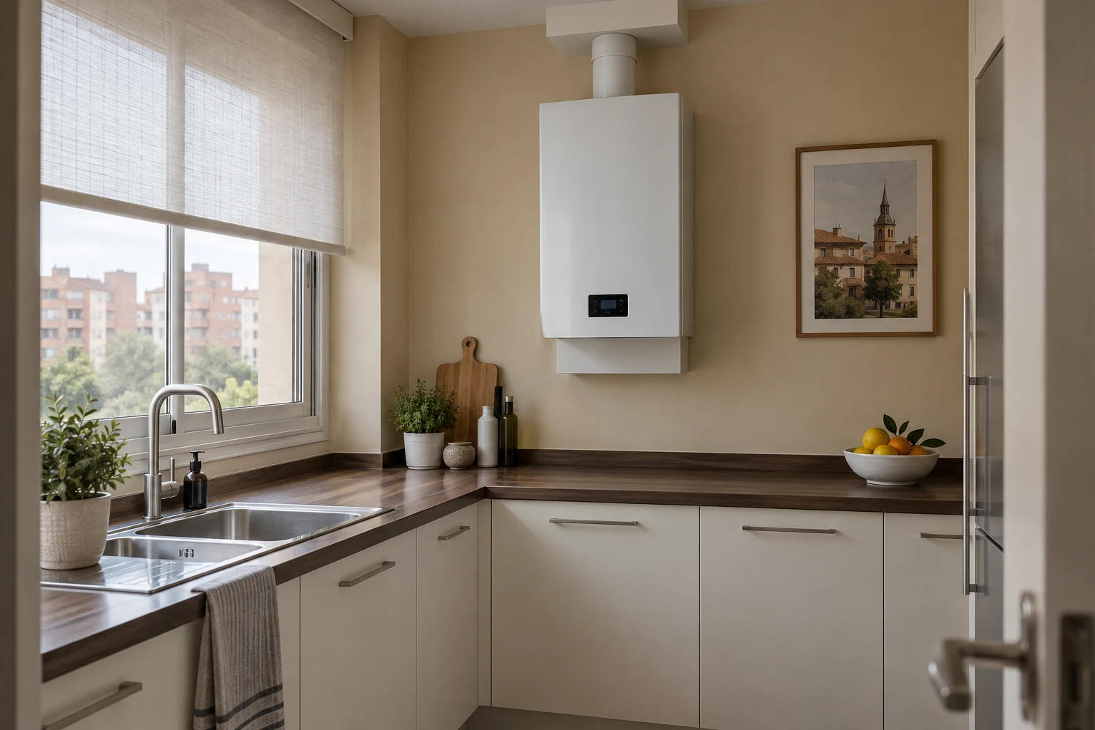 Visualización de una caldera blanca en cocina marfil con encimera de madera y ventana lateral — reparacioncalderas.madrid