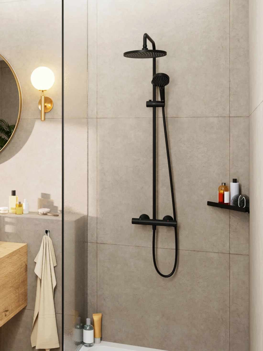 Ducha con rociador y mezclador negro Hansgrohe Vernis Blend en baño doméstico — reparacioncalderas.madrid
