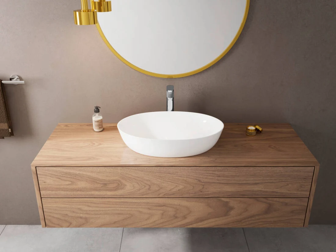 Lavabo con grifo monomando Hansgrohe Vernis Blend sobre mueble de madera — reparacioncalderas.madrid