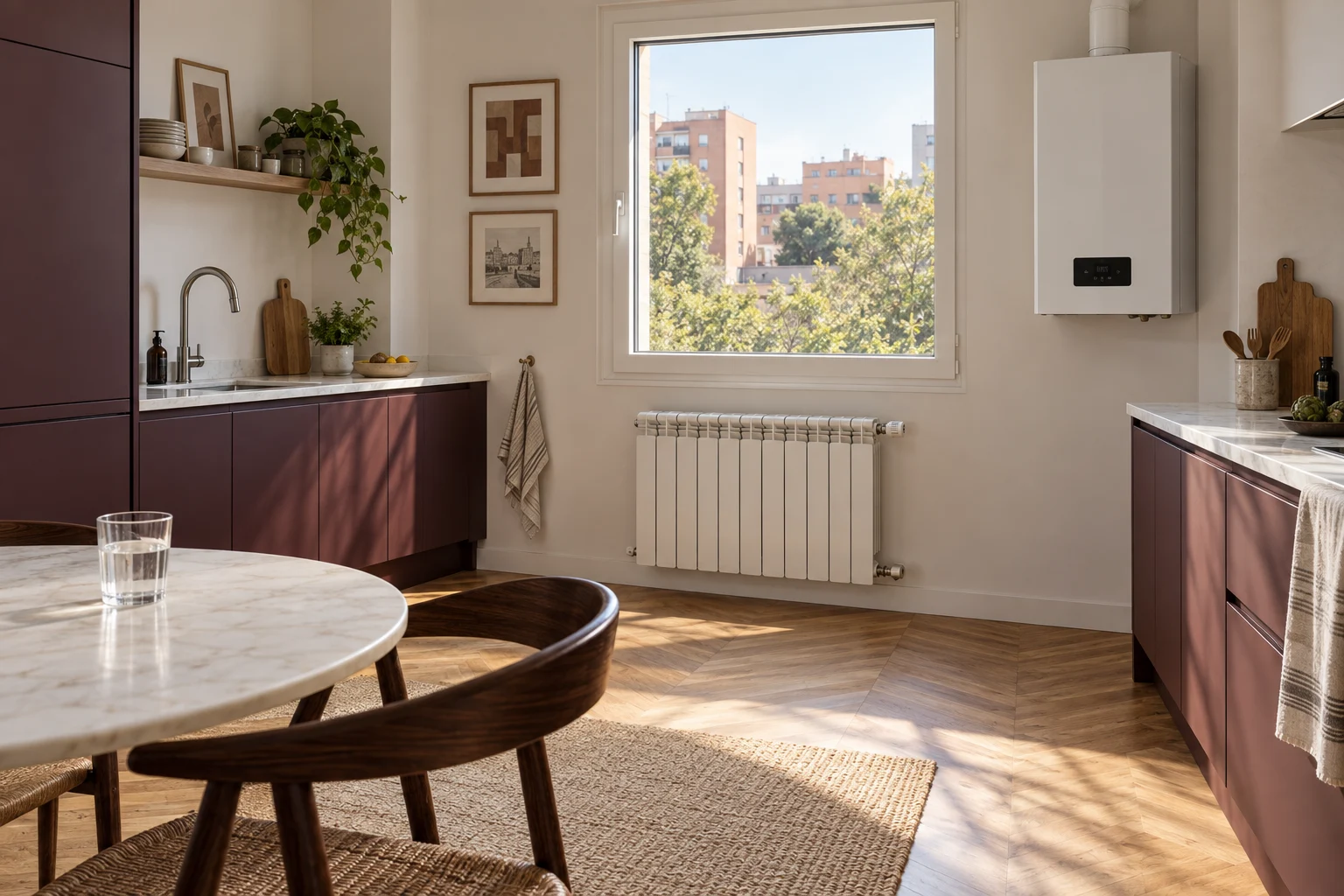 Visualización de caldera y radiador de aluminio en cocina para reparación de calefacción en Peñagrande — reparacioncalderas.madrid