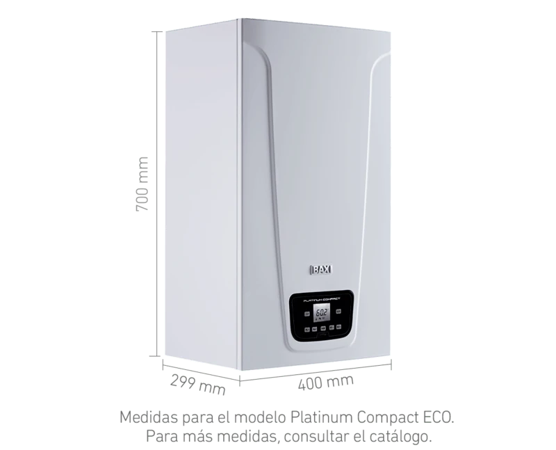 BAXI Platinum Compact ECO: dibujo del fabricante con alto, ancho y fondo del aparato — reparacioncalderas.madrid