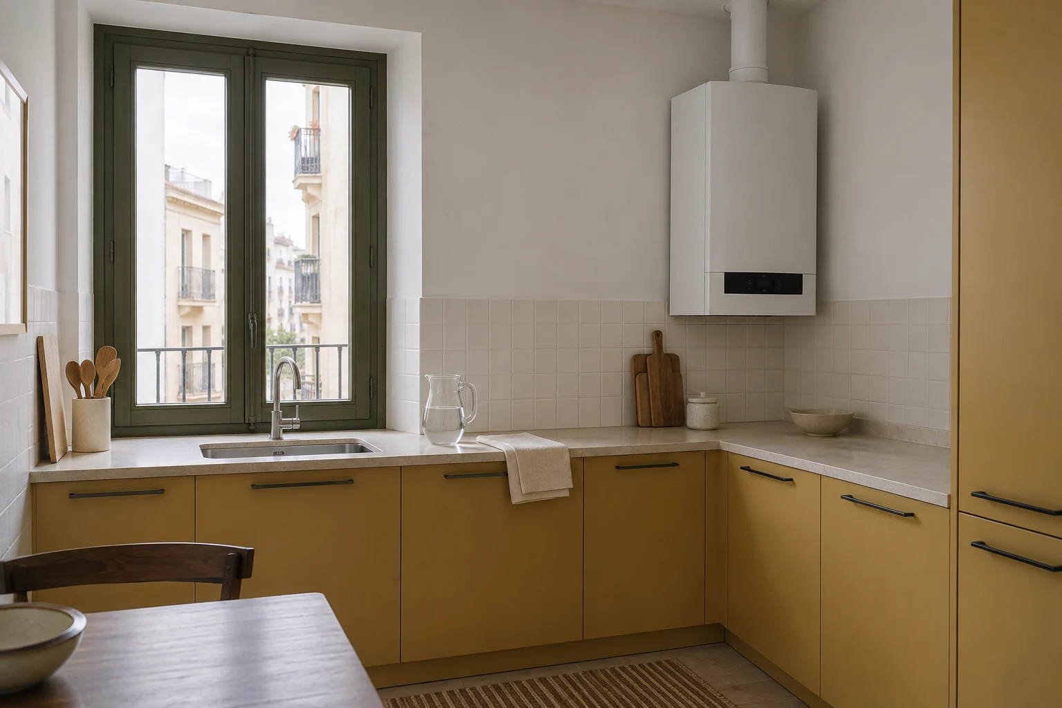 Visualización de caldera blanca en cocina ocre con ventana verde para servicio en Pueblo Nuevo — reparacioncalderas.madrid