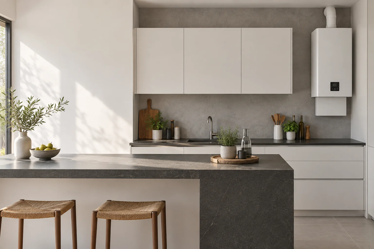 Visualización de una caldera mural cerrada en una cocina contemporánea — reparacioncalderas.madrid