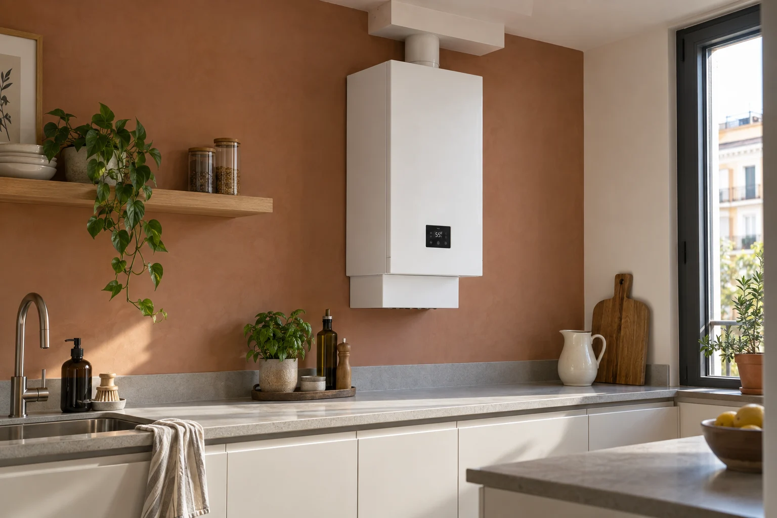 Visualización de caldera mural en cocina con pared terracota y encimera de piedra — reparacioncalderas.madrid