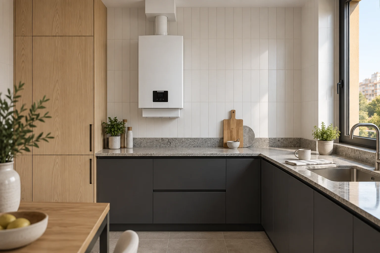 Visualización de caldera en cocina con armario de madera, encimera gris y muebles oscuros — reparacioncalderas.madrid