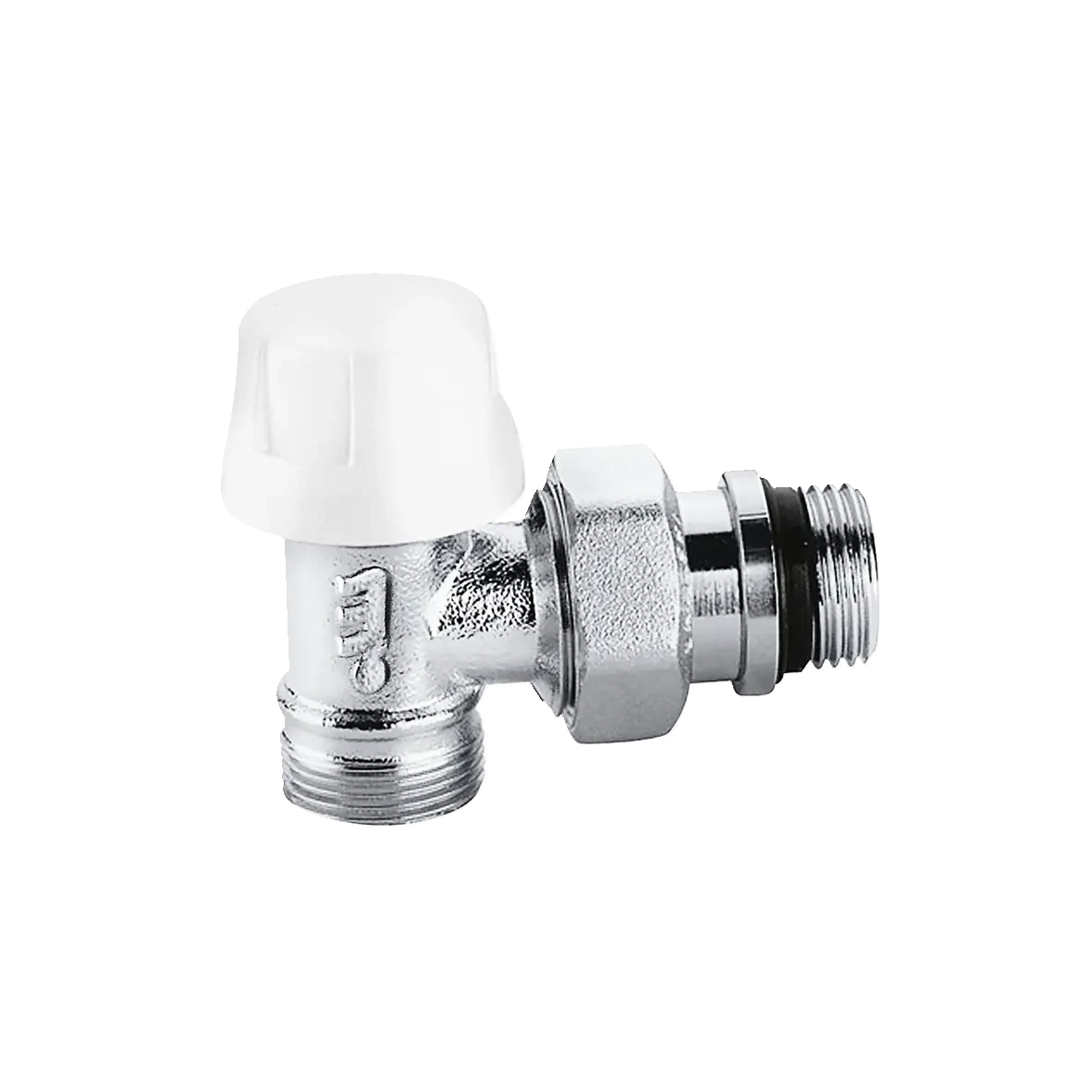 Válvula Caleffi en escuadra preparada para control termostático, con tapón protector blanco — reparacioncalderas.madrid