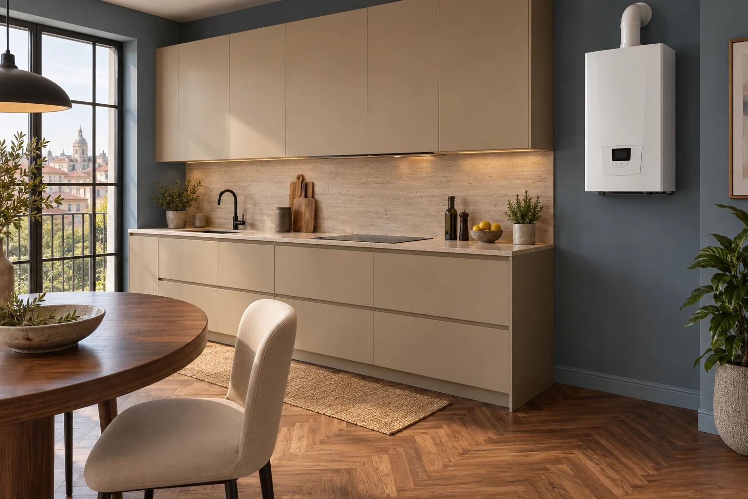 Visualización de caldera y cocina contemporánea para reparación y diagnóstico en Simancas — reparacioncalderas.madrid