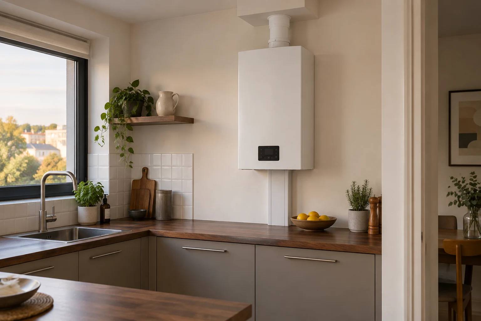 Visualización de una caldera mural en cocina taupe con encimera de madera y ventana — reparacioncalderas.madrid