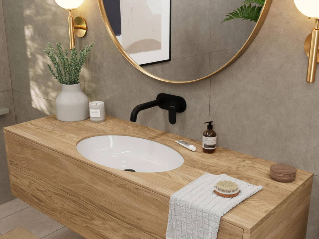 Lavabo doméstico con grifería negra Hansgrohe Vernis Blend y encimera de madera — reparacioncalderas.madrid