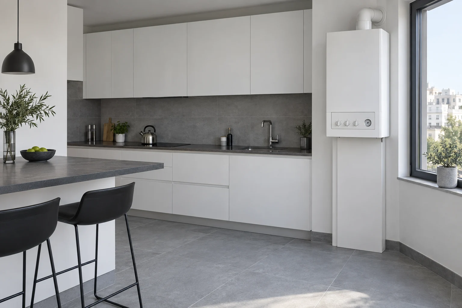 Cocina gris y blanca con caldera mural de mandos analógicos, ambiente ilustrativo — reparacioncalderas.madrid