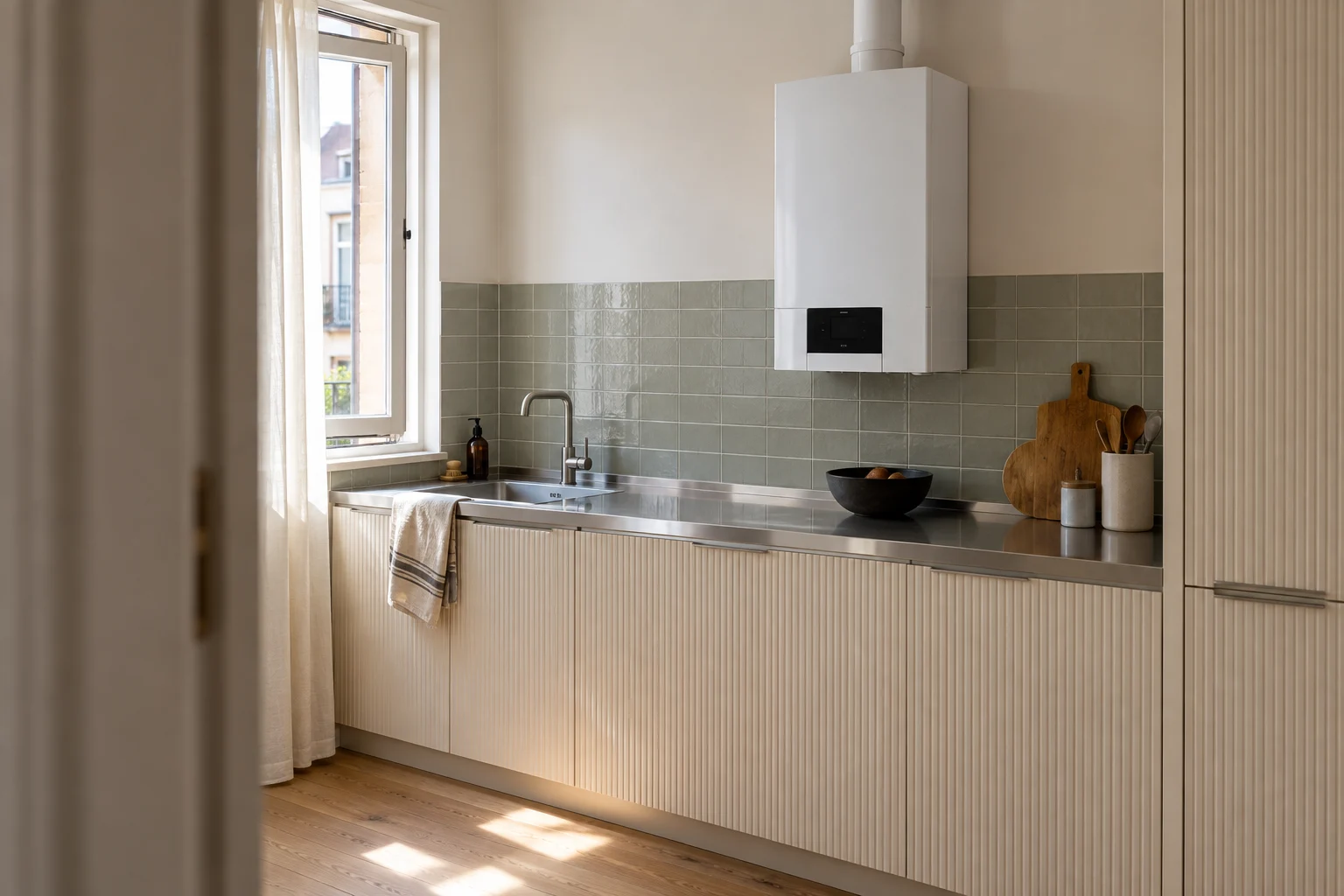 Visualización de caldera blanca en cocina marfil con encimera de acero y ventana para servicio en Ventas — reparacioncalderas.madrid